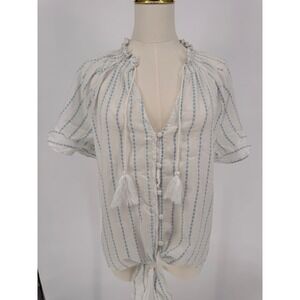 PAIGE Striped Embroidered Tassel Tie Front Blouse Shirt Women's